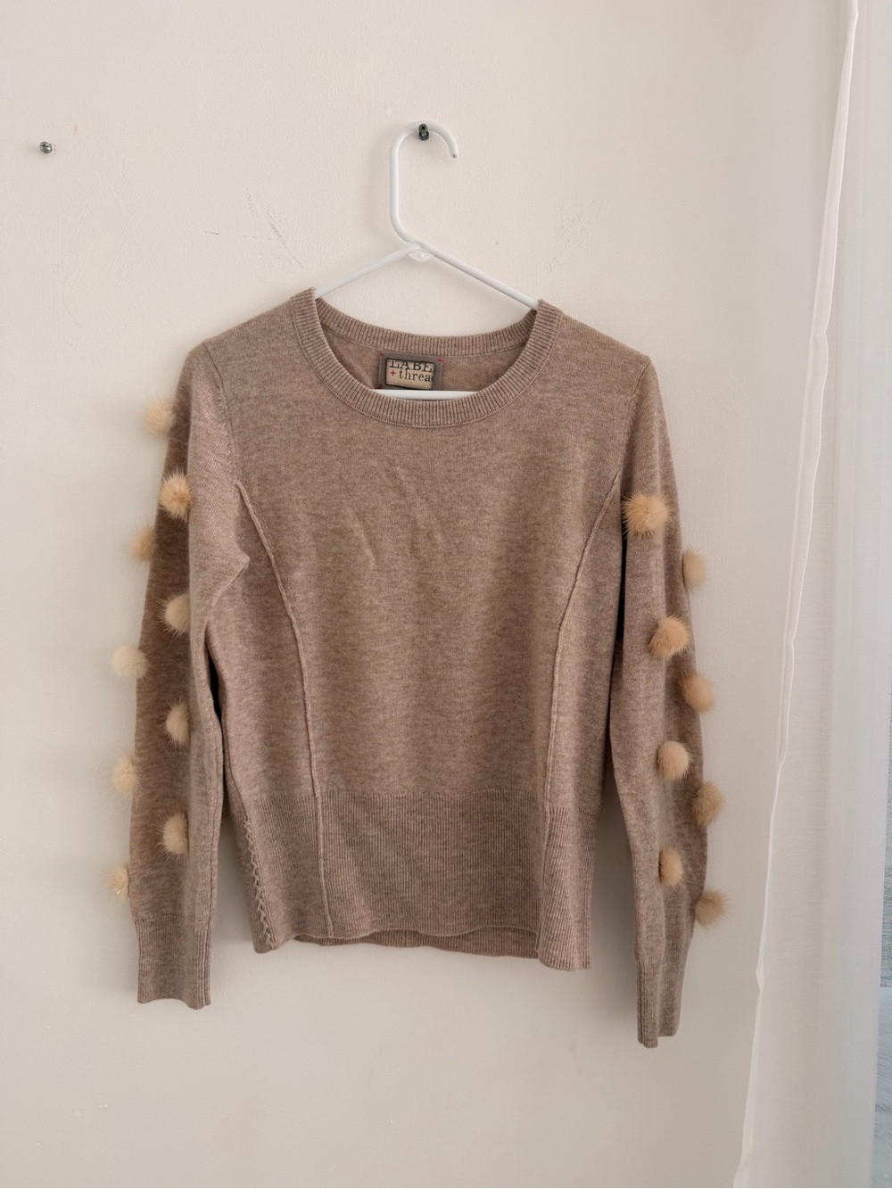 Pom-Pom Trim Taupe Crewneck Sweater